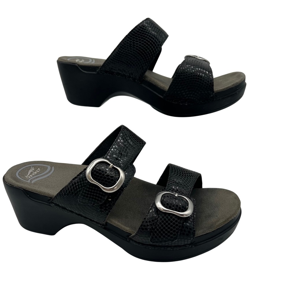 Dansko Sophie Wedge Sandal Womans 38 Metallic Black Python Clog Silver Buckle